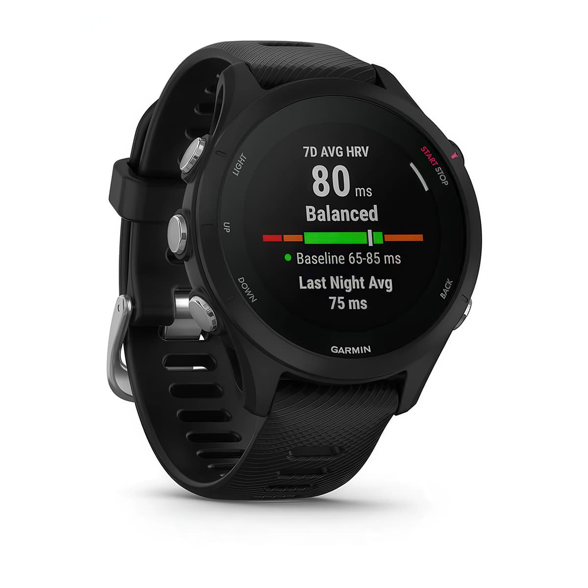 Front-right product shot of the Garmin Forerunner 255S Music showing HRV Status feature in Black #color_black