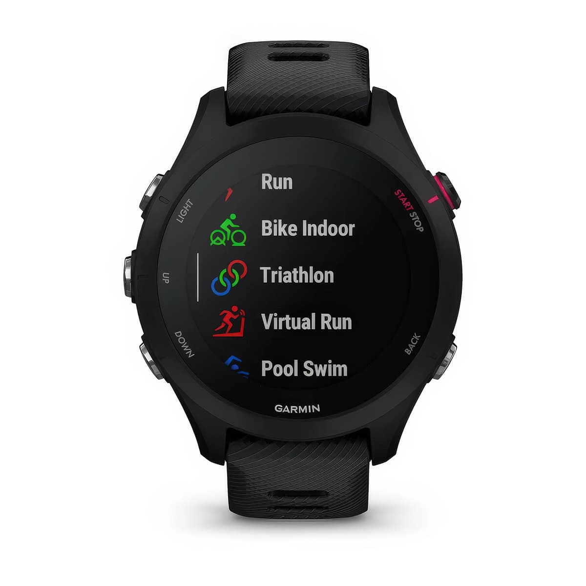 Front product shot of the Garmin Forerunner 255S Music showing Built-In Sports Apps feature in Black 