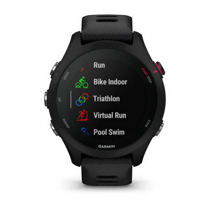 Front product shot of the Garmin Forerunner 255S Music showing Built-In Sports Apps feature in Black 