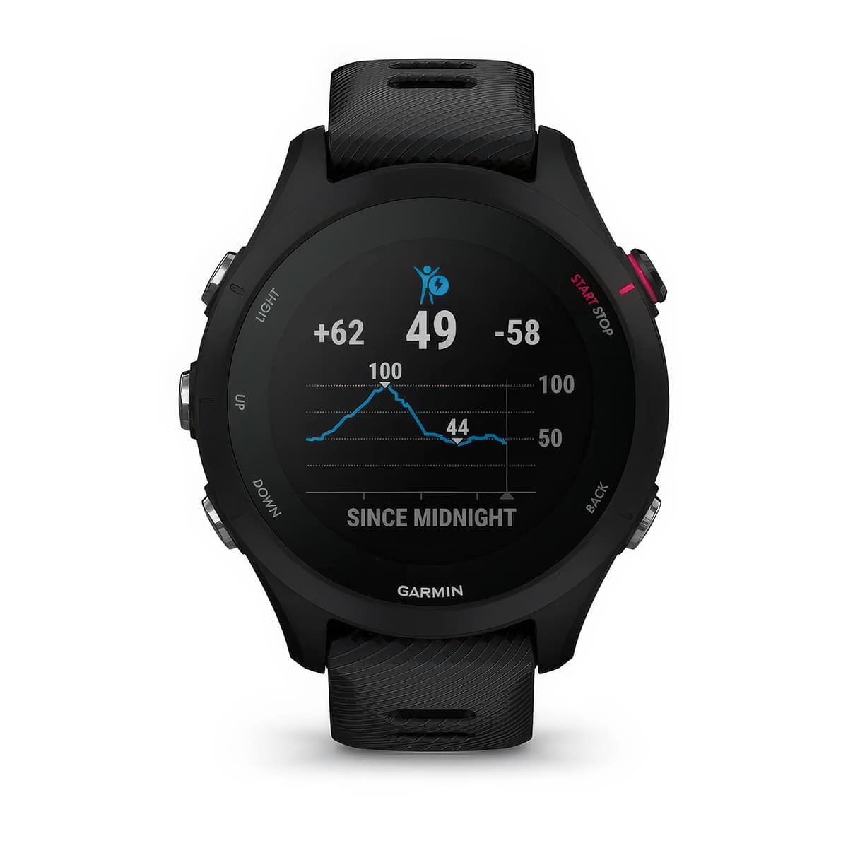 Front product shot of the Garmin Forerunner 255S Music showing Body Battery™ energy monitoring feature in Black 