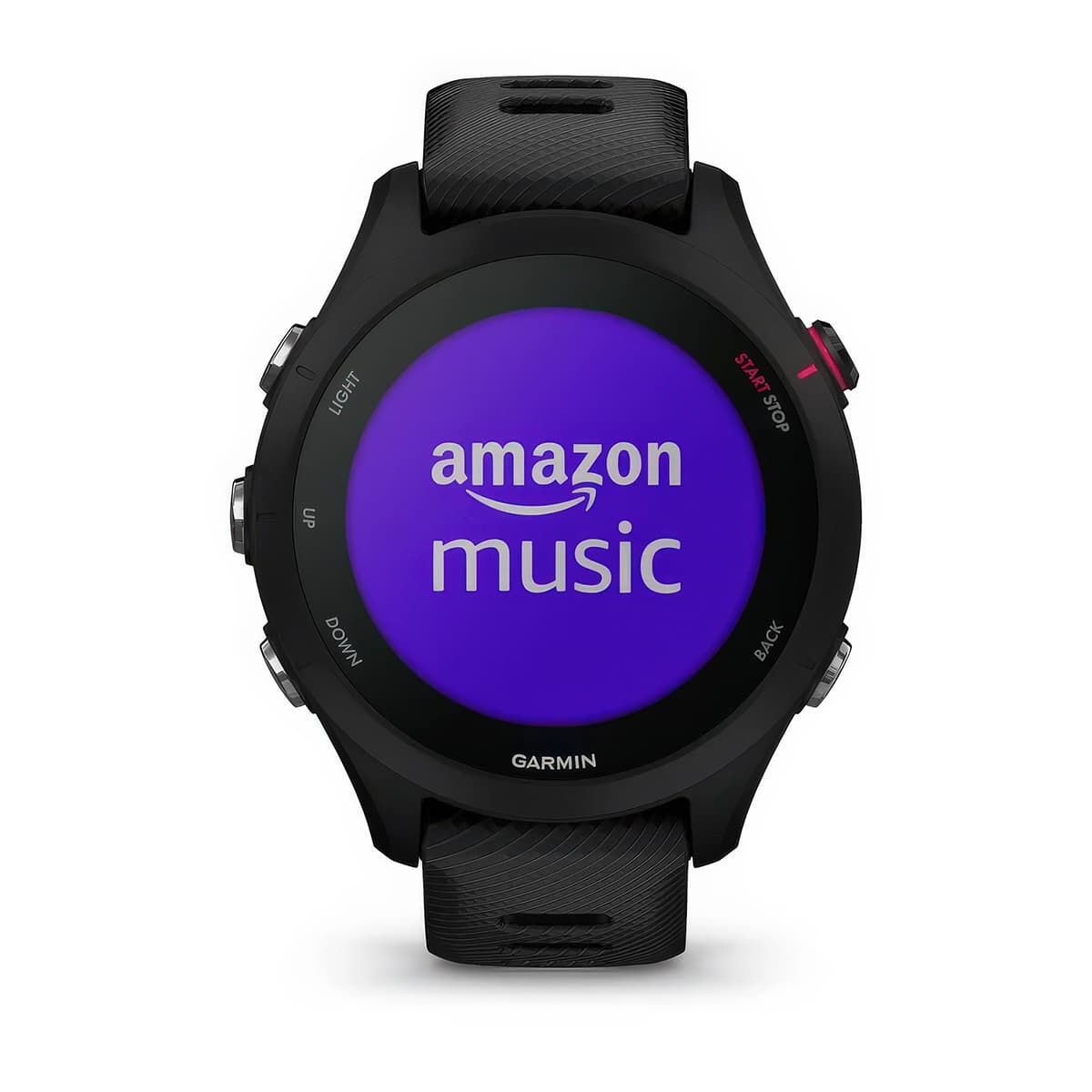 Front product shot of the Garmin Forerunner 255S Music showing Amazon Music feature in Black 