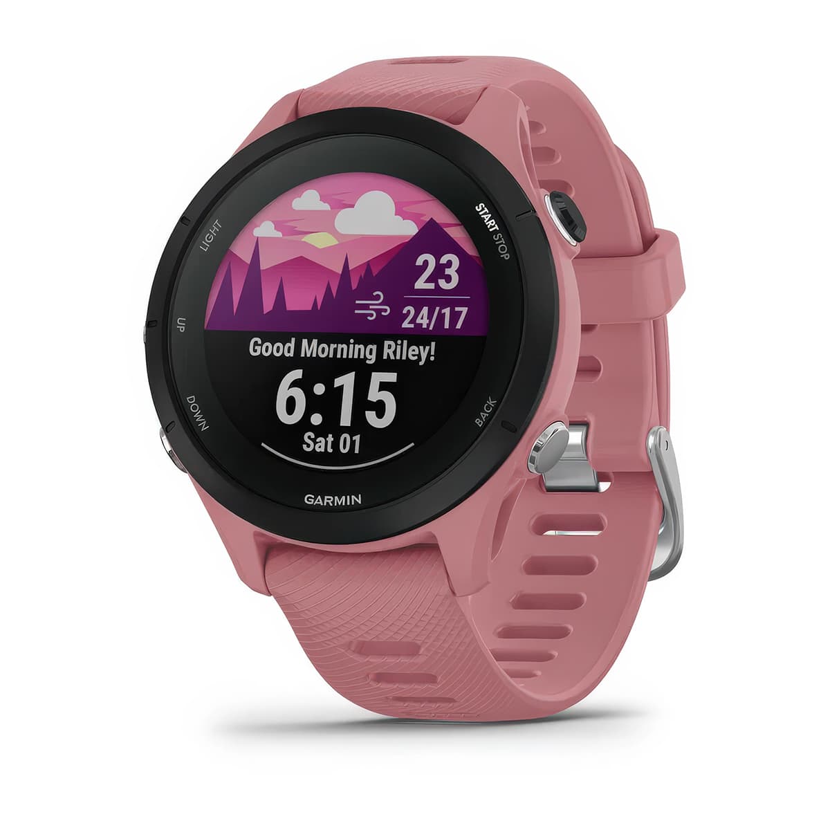 Front product shot of the Garmin Forerunner 255S showing Morning Report feature in Light Pink #color_light-pink