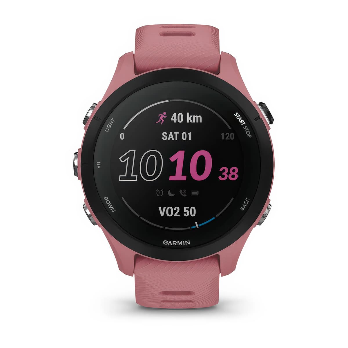 Front product shot of the Garmin Forerunner 255S showing Glances feature in Light Pink #color_light-pink