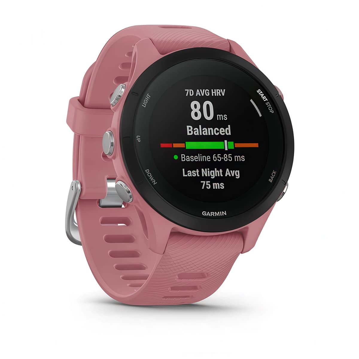 Front-right product shot of the Garmin Forerunner 255S showing HRV Status feature in Light Pink #color_light-pink
