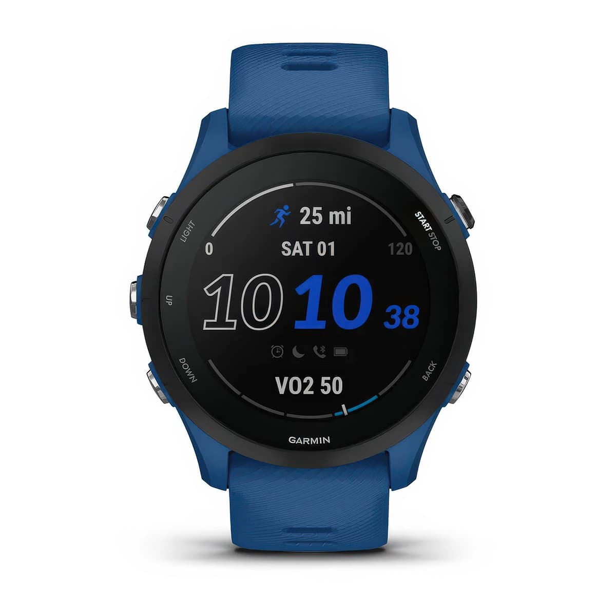 Front product shot of the Garmin Forerunner 255 showing Glances feature in Tidal Blue #color_tidal-blue