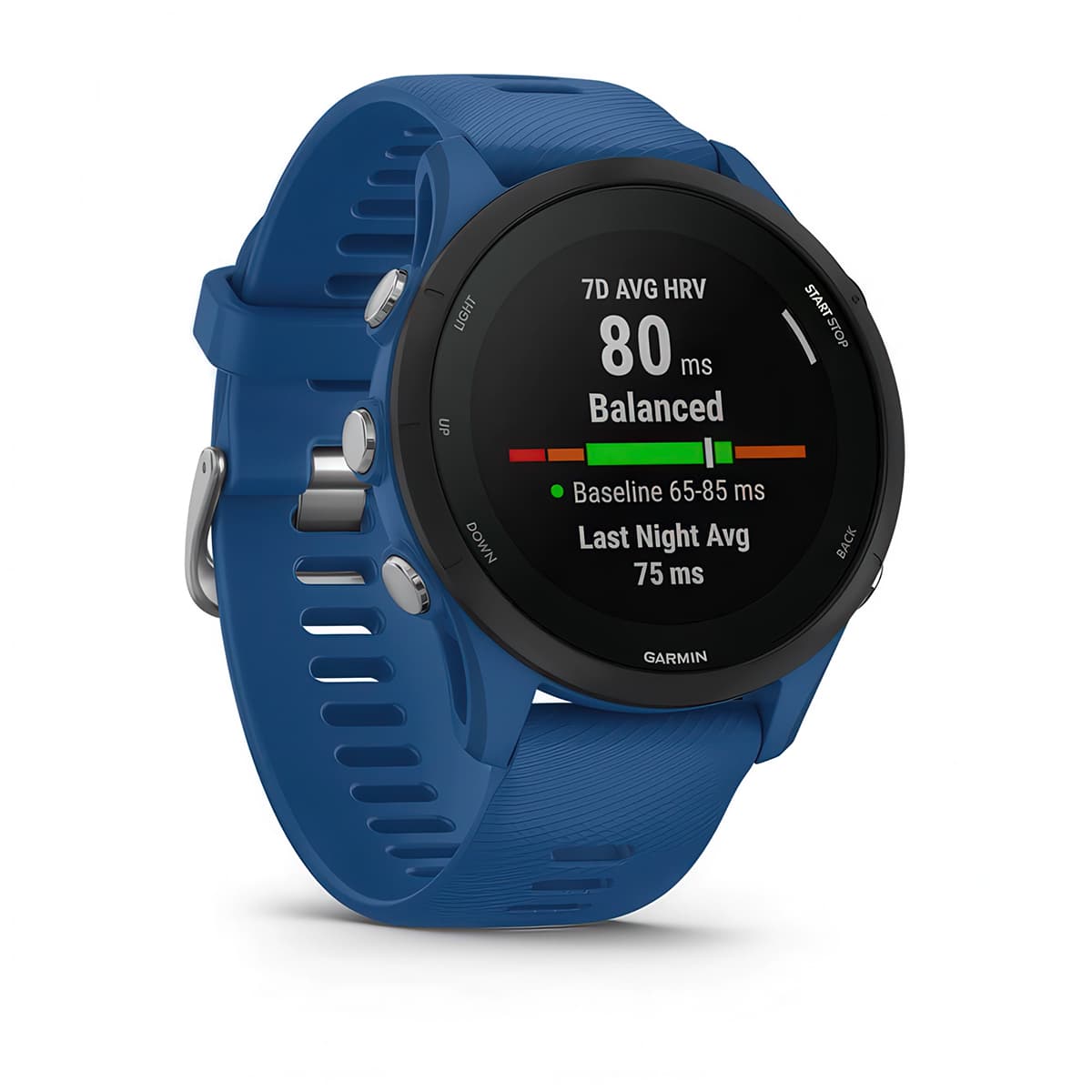 Front-right product shot of the Garmin Forerunner 255 showing HRV Status feature in Tidal Blue #color_tidal-blue
