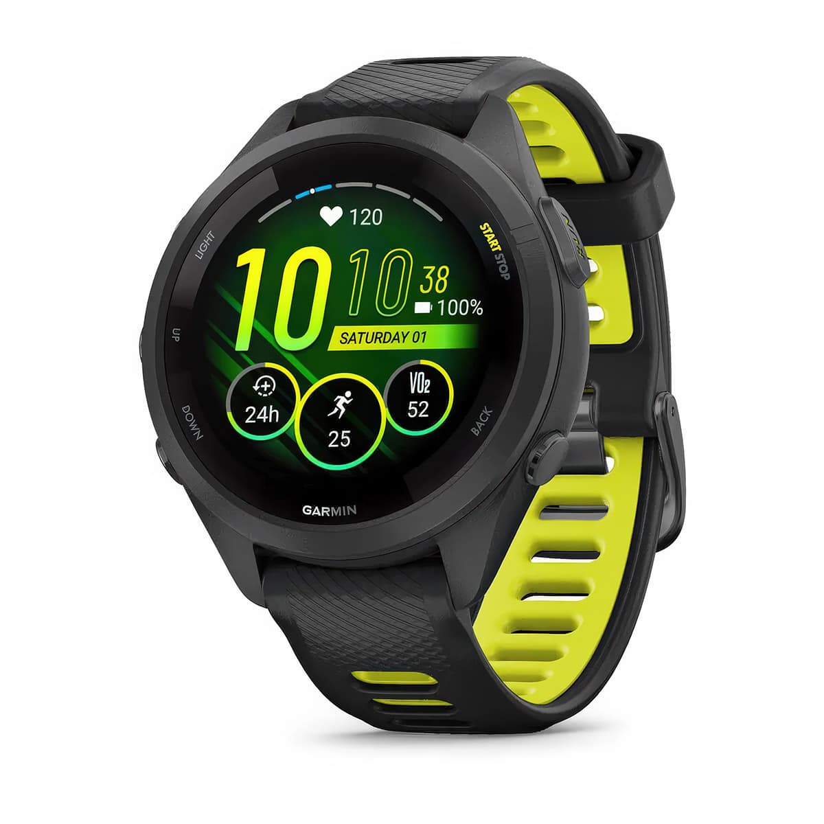 Front-left product shot of the Garmin Forerunner 265S showing Glances feature in Black-Amp Yellow #color_black-amp-yellow