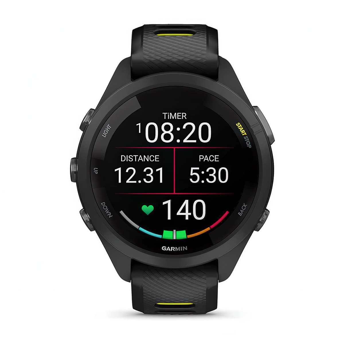 Front product shot of the Garmin Forerunner 265S showing pace and distance stats in Black-Amp Yellow #color_black-amp-yellow