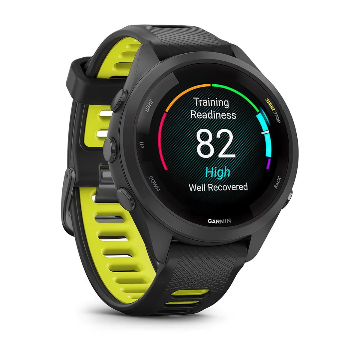 Front-right product shot of the Garmin Forerunner 265S showing Training Readiness feature in Black-Amp Yellow #color_black-amp-yellow