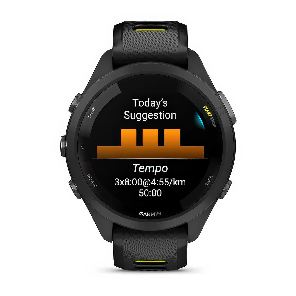 Front product shot of the Garmin Forerunner 265S showing Daily Suggested Workouts feature in Black-Amp Yellow #color_black-amp-yellow