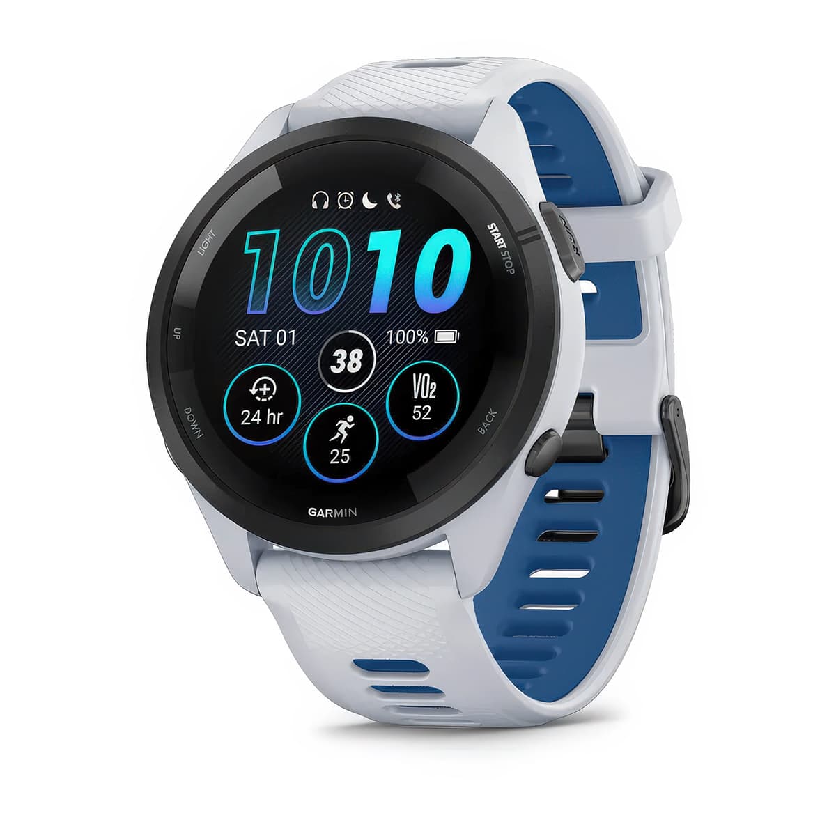 Front-left product shot of the Garmin Forerunner 265 showing Glances feature in Whitestone-Tidal #color_whitestone-tidal