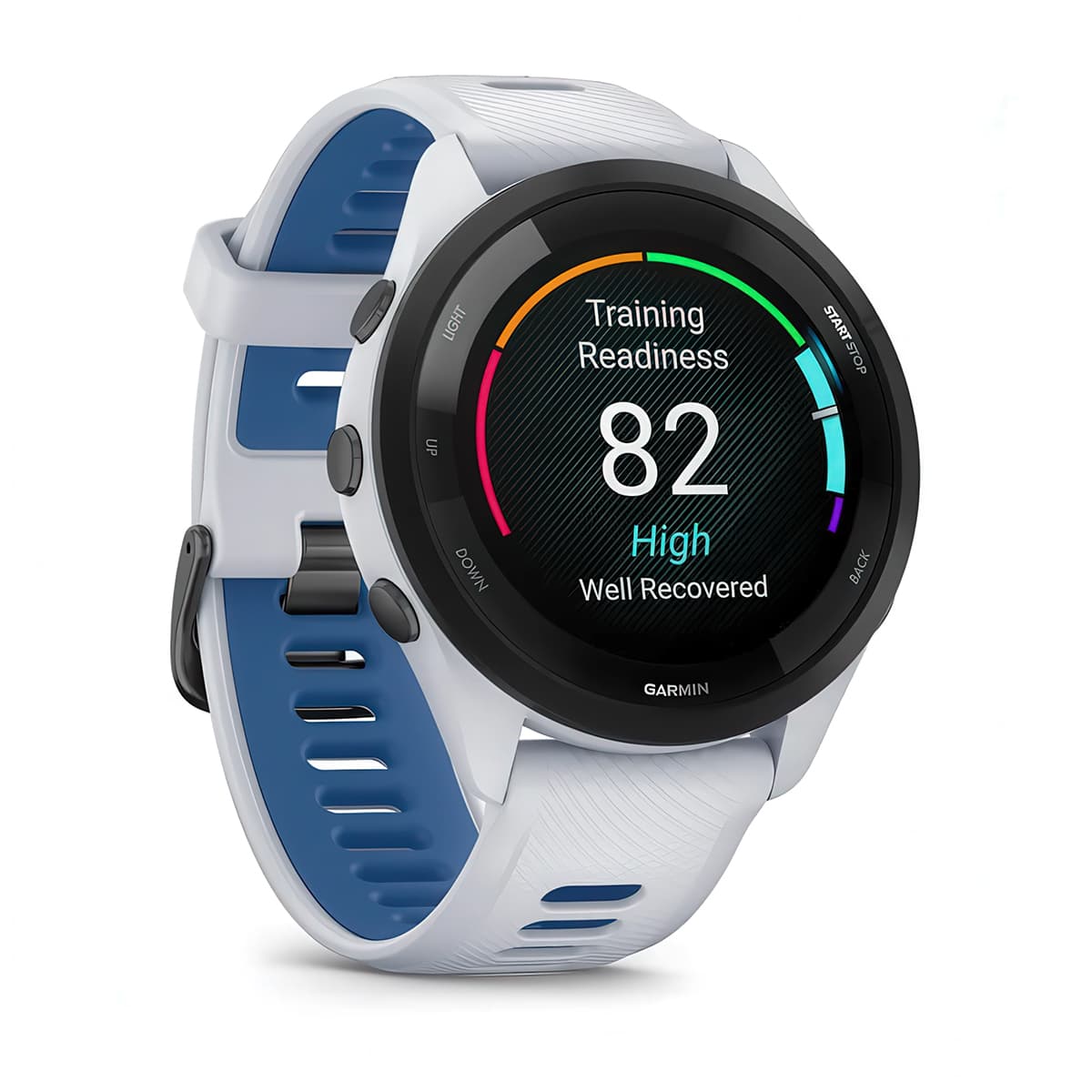 Front-right product shot of the Garmin Forerunner 265 showing Training Readiness feature in Whitestone-Tidal #color_whitestone-tidal