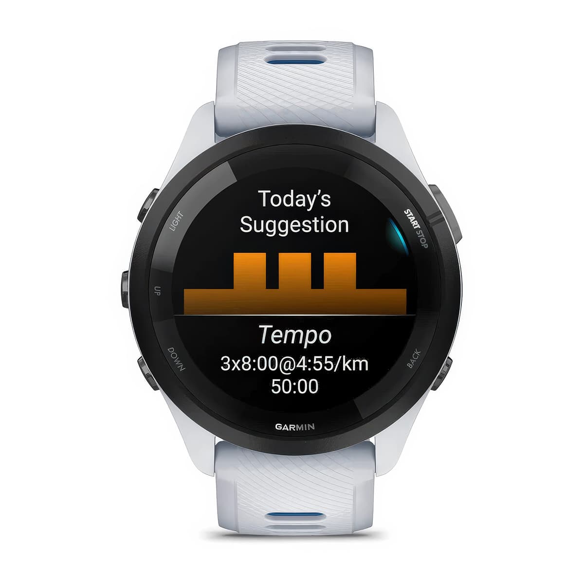 Front product shot of the Garmin Forerunner 265 showing Daily Suggested Workouts feature in Whitestone-Tidal #color_whitestone-tidal