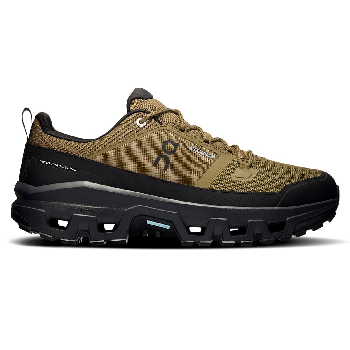 Right side view of the On Cloudrock Low Hunter Black men’s running shoe #color_hunter-black