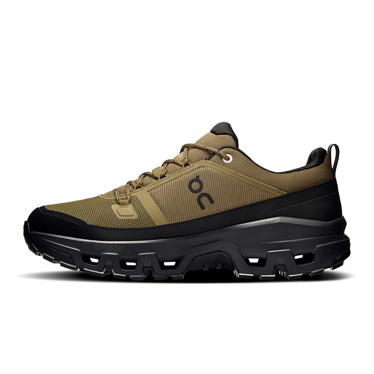 Left side view of the On Cloudrock Low Hunter Black men’s running shoe #color_hunter-black