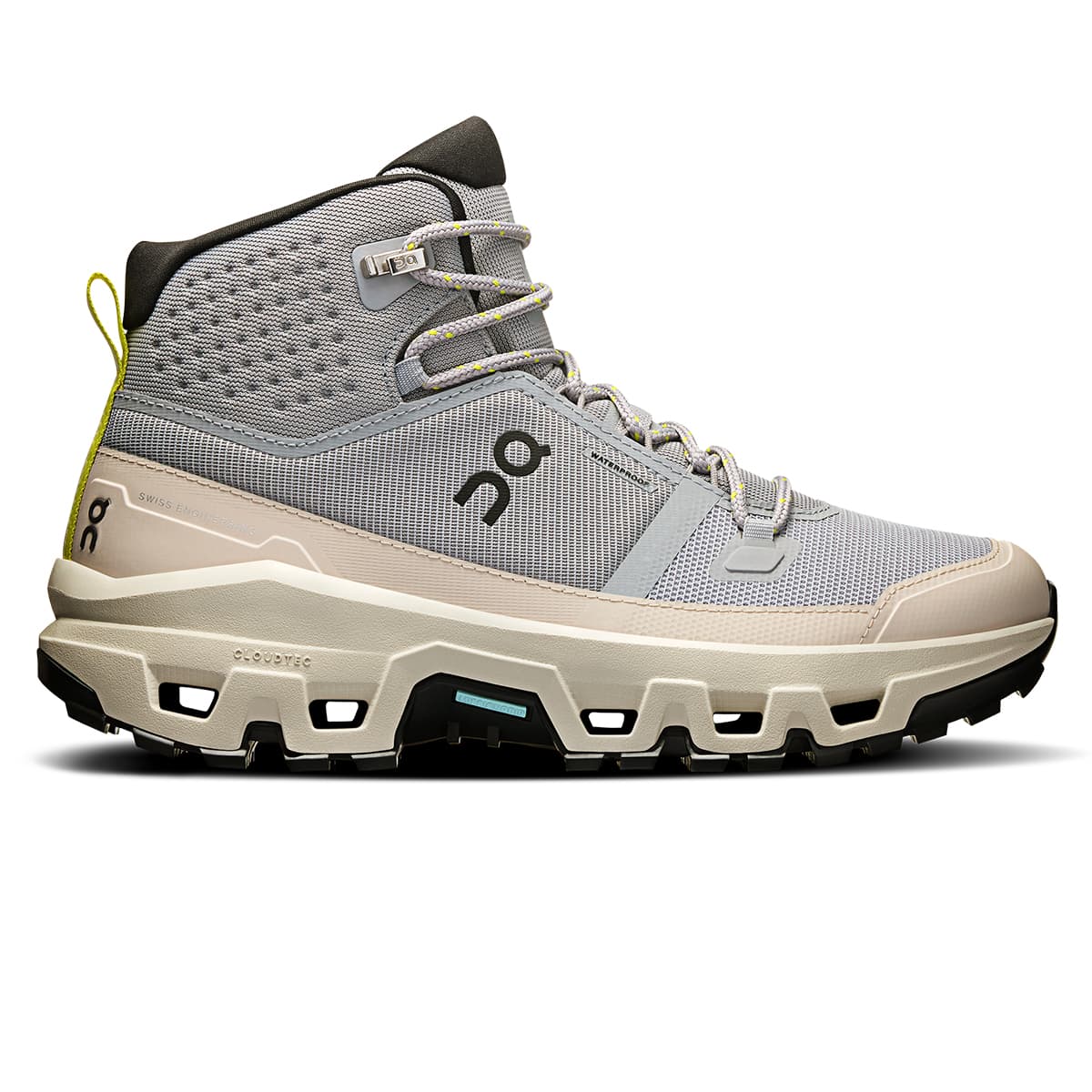 Right side view of the On Cloudrock Mid Alloy Ice women’s running shoe #color_alloy-ice
