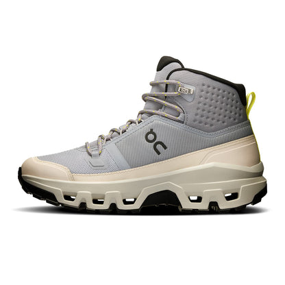 Left side view of the On Cloudrock Mid Alloy Ice women’s running shoe 