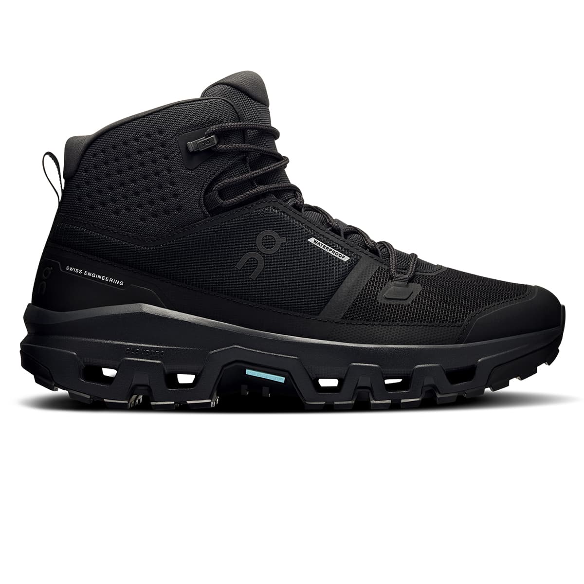 Right side view of the On Cloudrock Mid Black Black men’s running shoe #color_black-black