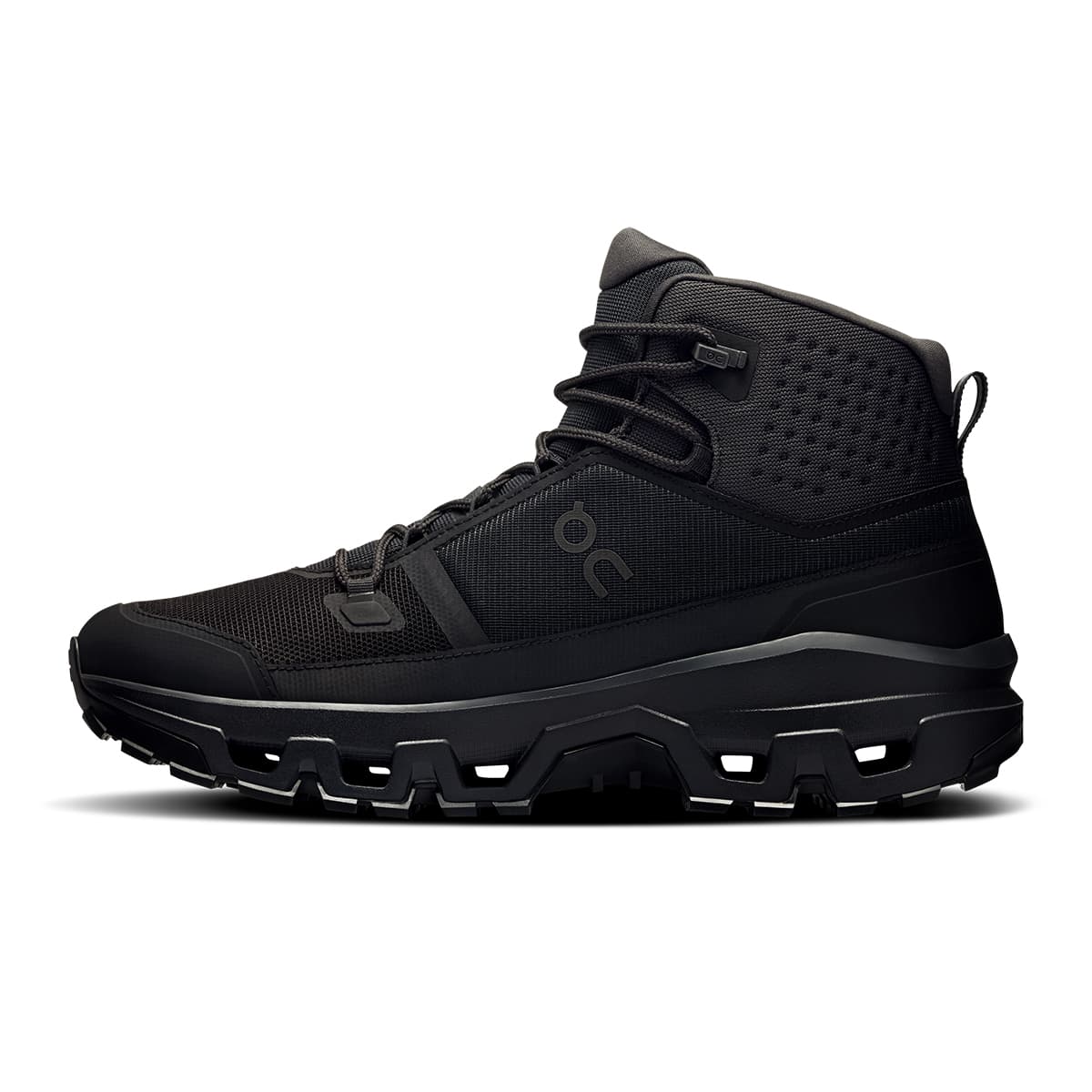 Left side view of the On Cloudrock Mid Black Black men’s running shoe #color_black-black