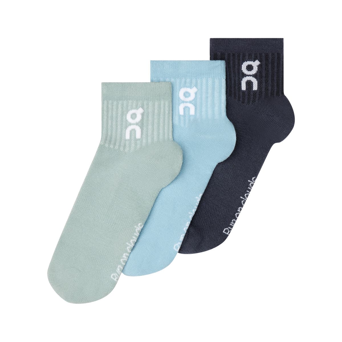 Product shot of the On Logo Sock Mid 3P Colour Wash Navy 