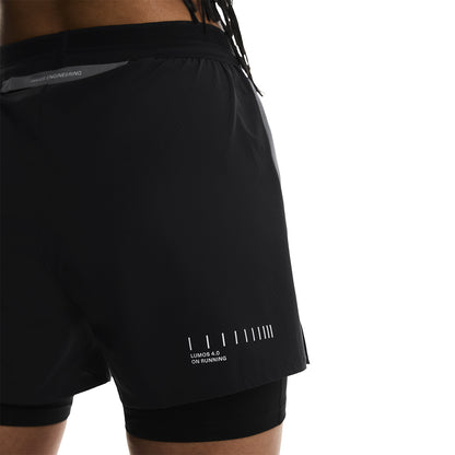 Close-up back detail of the On Performance Shorts Lumos in Black showing Lumos 4.0 reflective print 