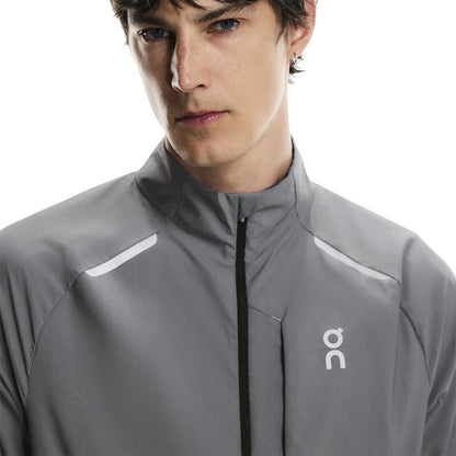 Close up view of collar and reflective detail of the On Weather Jacket Lumos Colour Eclipse 