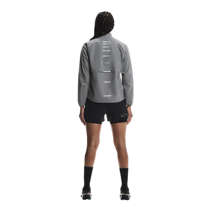 Rear Full body shot of female model wearing the On Weather Jacket Lumos Colour Eclipse 