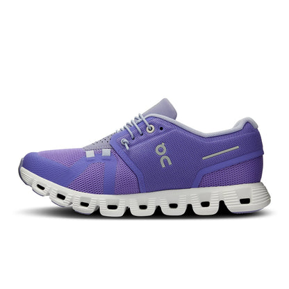Left side view of the On Cloud 5 Blueberry Feather women's running shoe 