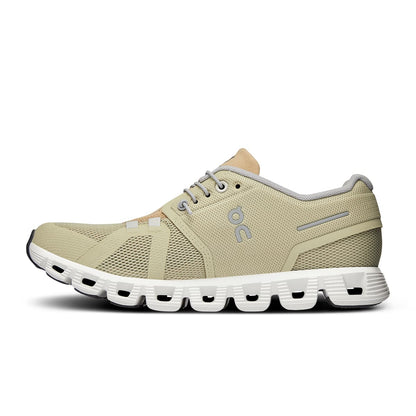 Left side view of the On Cloud 5 Haze Sand women's running shoe 