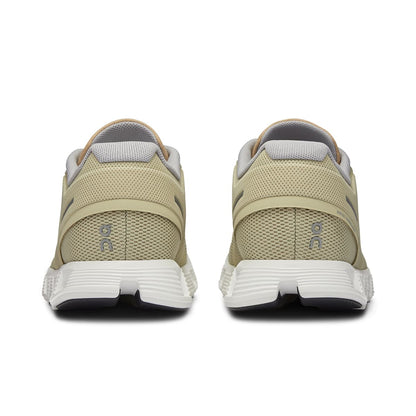 Back view of the On Cloud 5 Haze Sand women's running shoe 