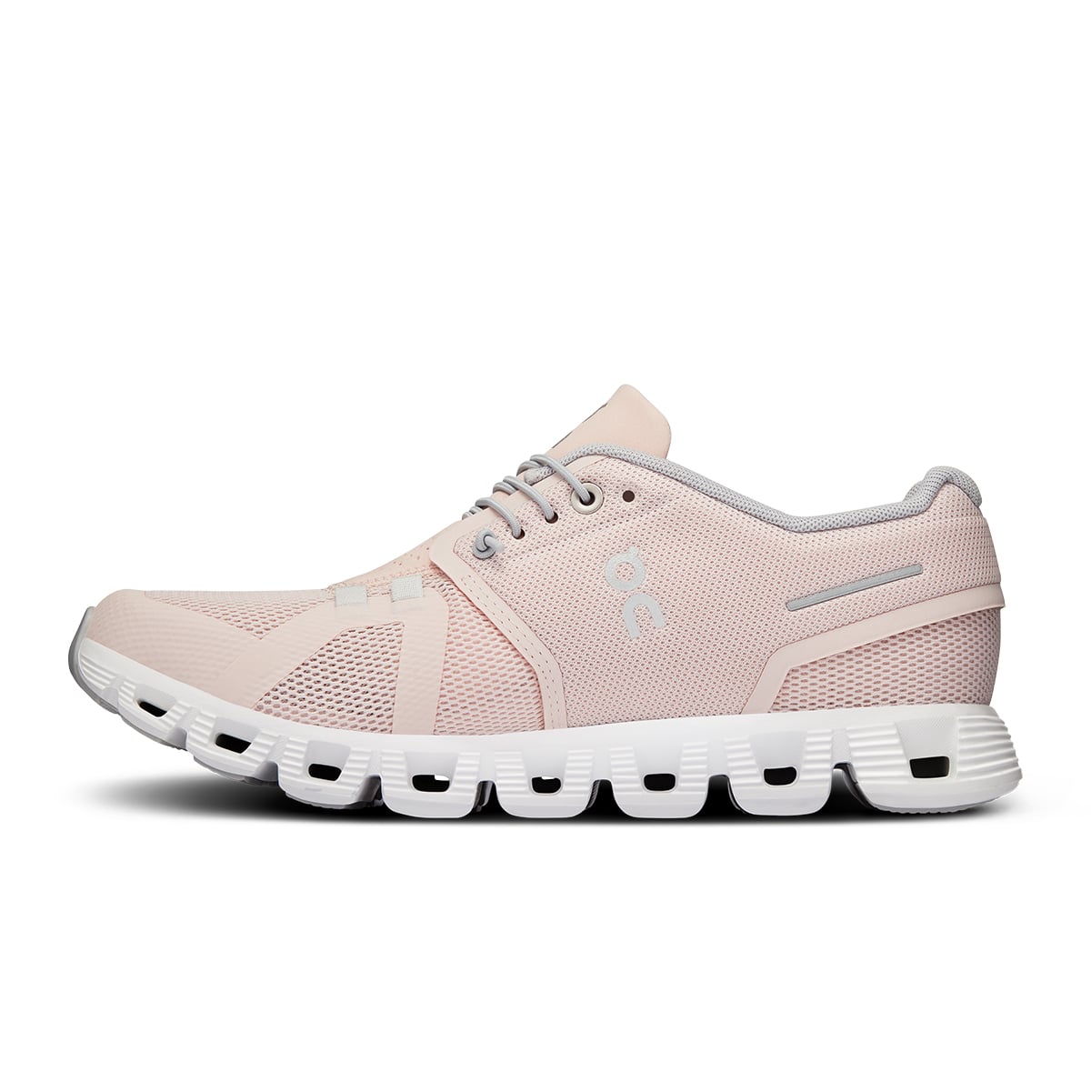 Left side view of the On Cloud 5 Shell White women's running shoe 