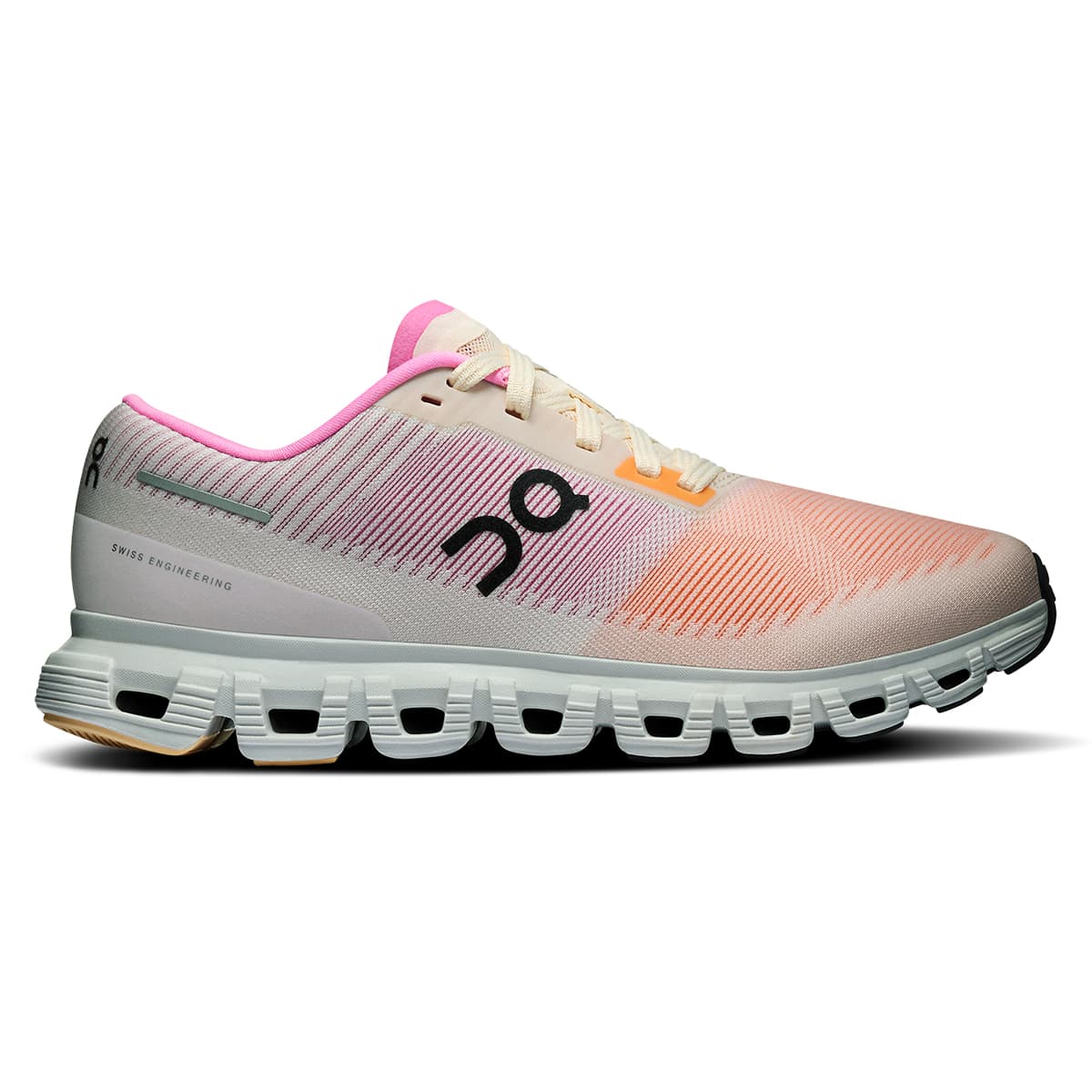 Right side view of the On Cloud 6 Push Tangerine-Raspberry women’s running shoe 