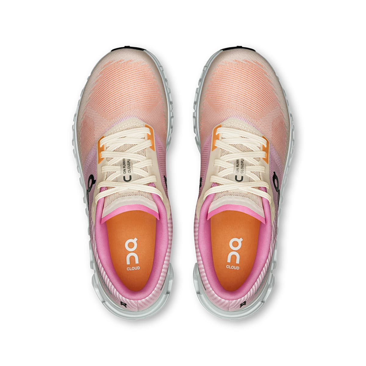 Top view of the On Cloud 6 Push Tangerine-Raspberry women’s running shoes 