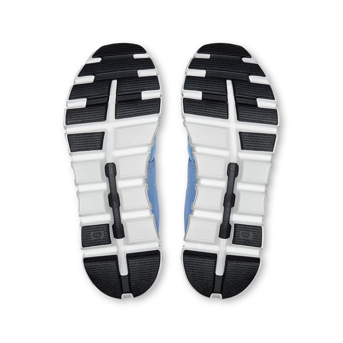 Soles of the On Cloud 6 Chambray-White women’s running shoes #color_chambray-white