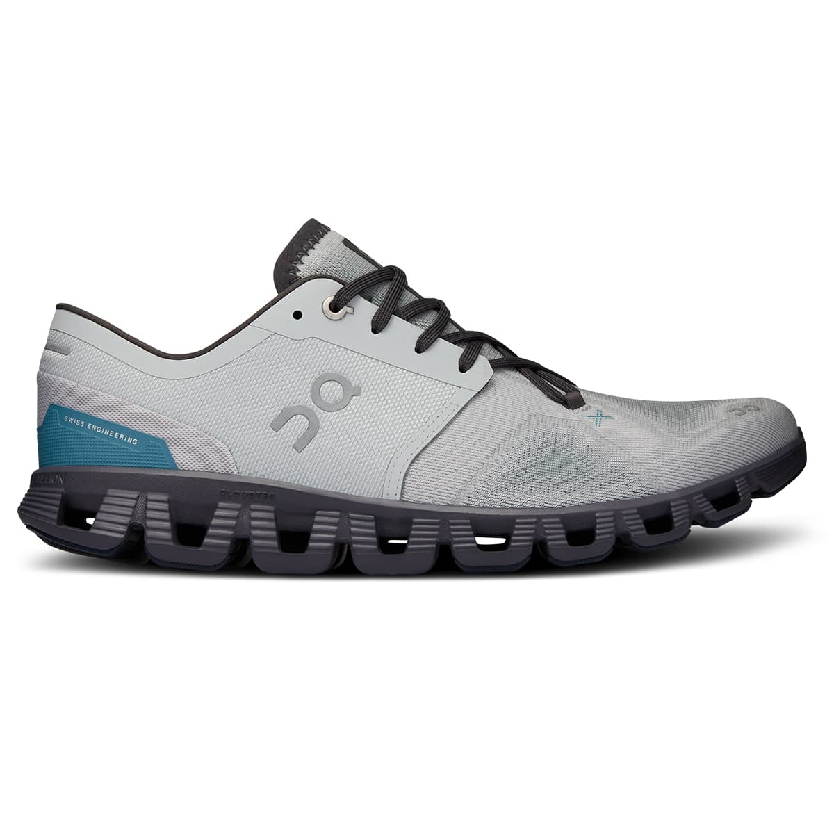 Right side view of the On Cloud X 3 Glacier Iron men’s running shoe 