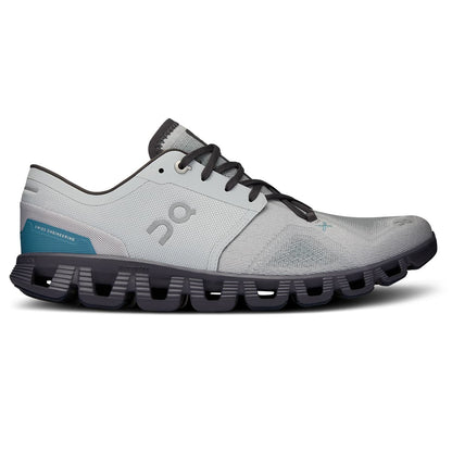 Right side view of the On Cloud X 3 Glacier Iron men’s running shoe 
