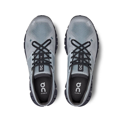 Top view of the On Cloud X 3 Glacier Iron men’s running shoes 