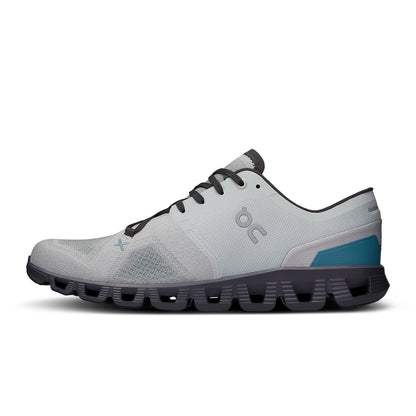 Left side view of the On Cloud X 3 Glacier Iron men’s running shoe 