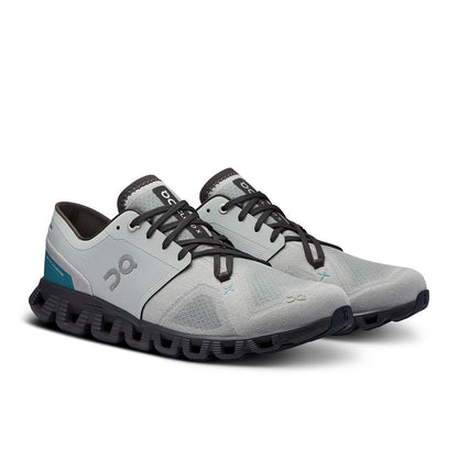 45-degree view of the On Cloud X 3 Glacier Iron men’s running shoe 