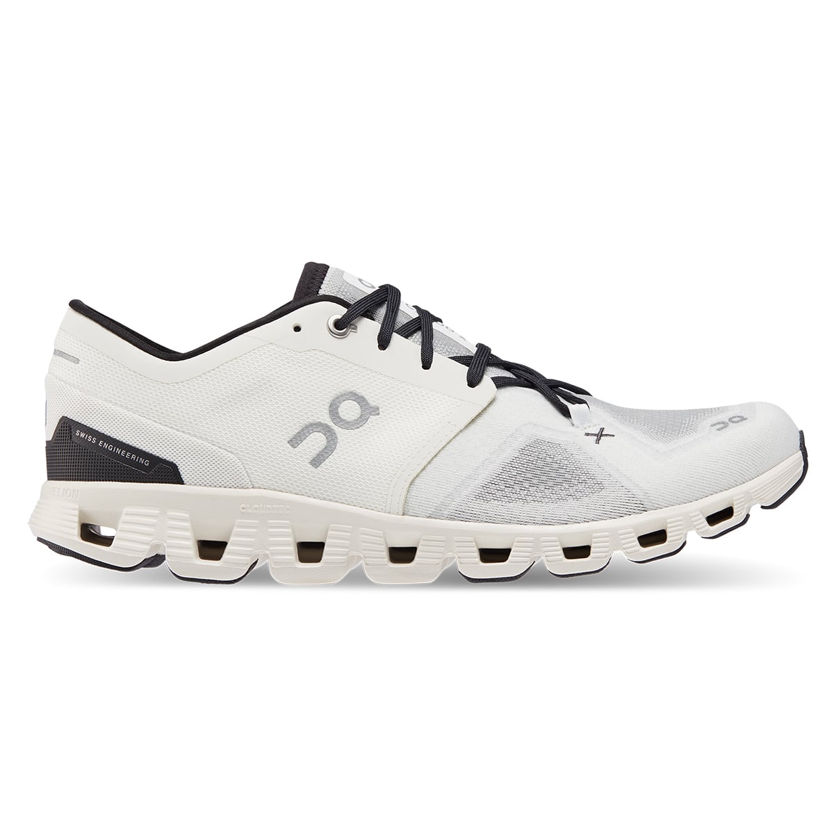 Right side view of the On Cloud X 3 Ivory Black men’s running shoe 