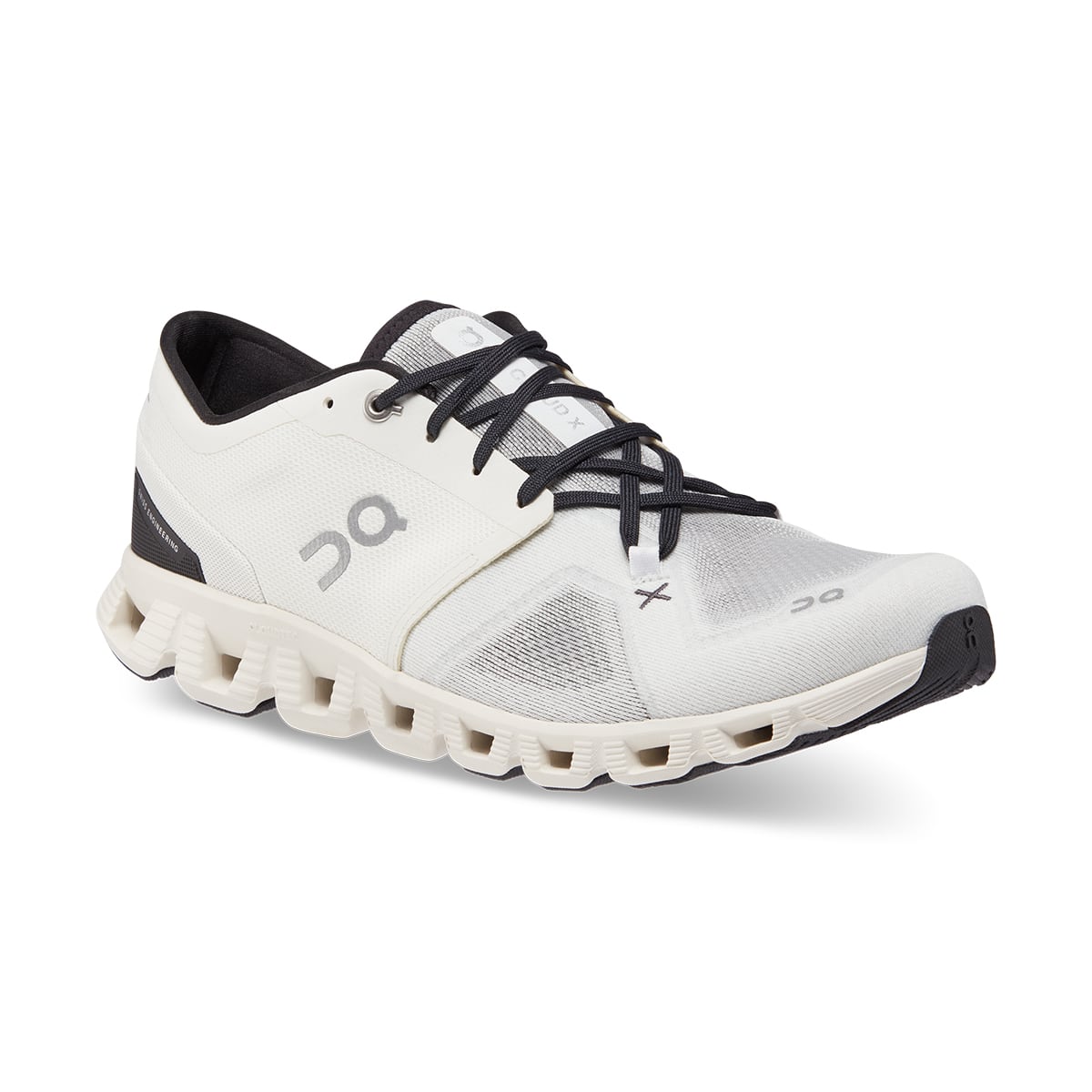45-degree view of the On Cloud X 3 Ivory Black men’s running shoe 