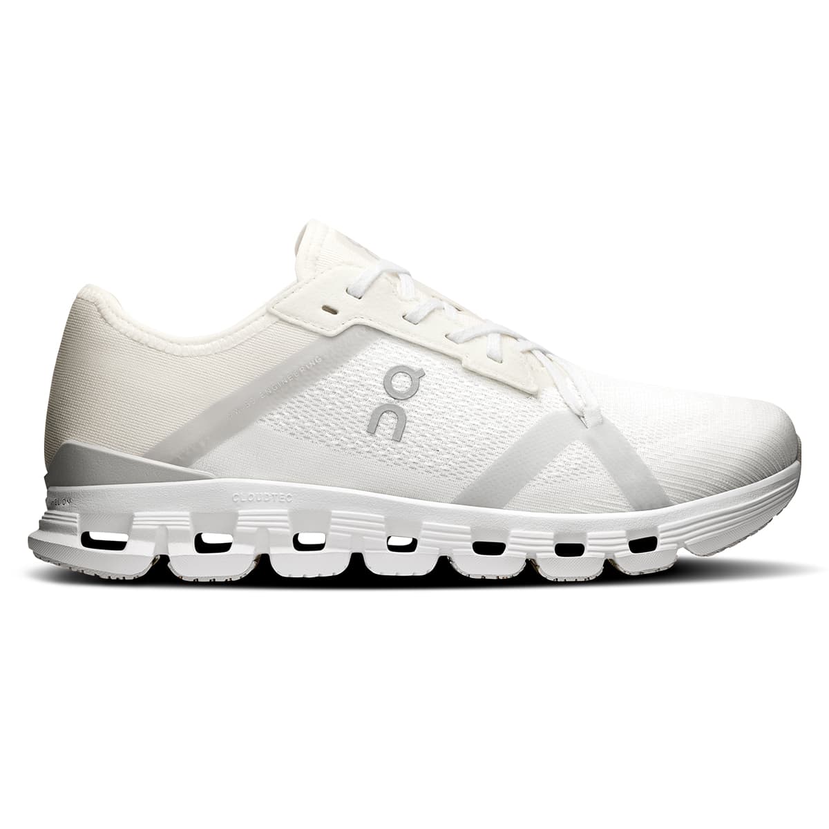 Right side view of the On Cloud X 4 AD White-Wolf women’s running shoe 