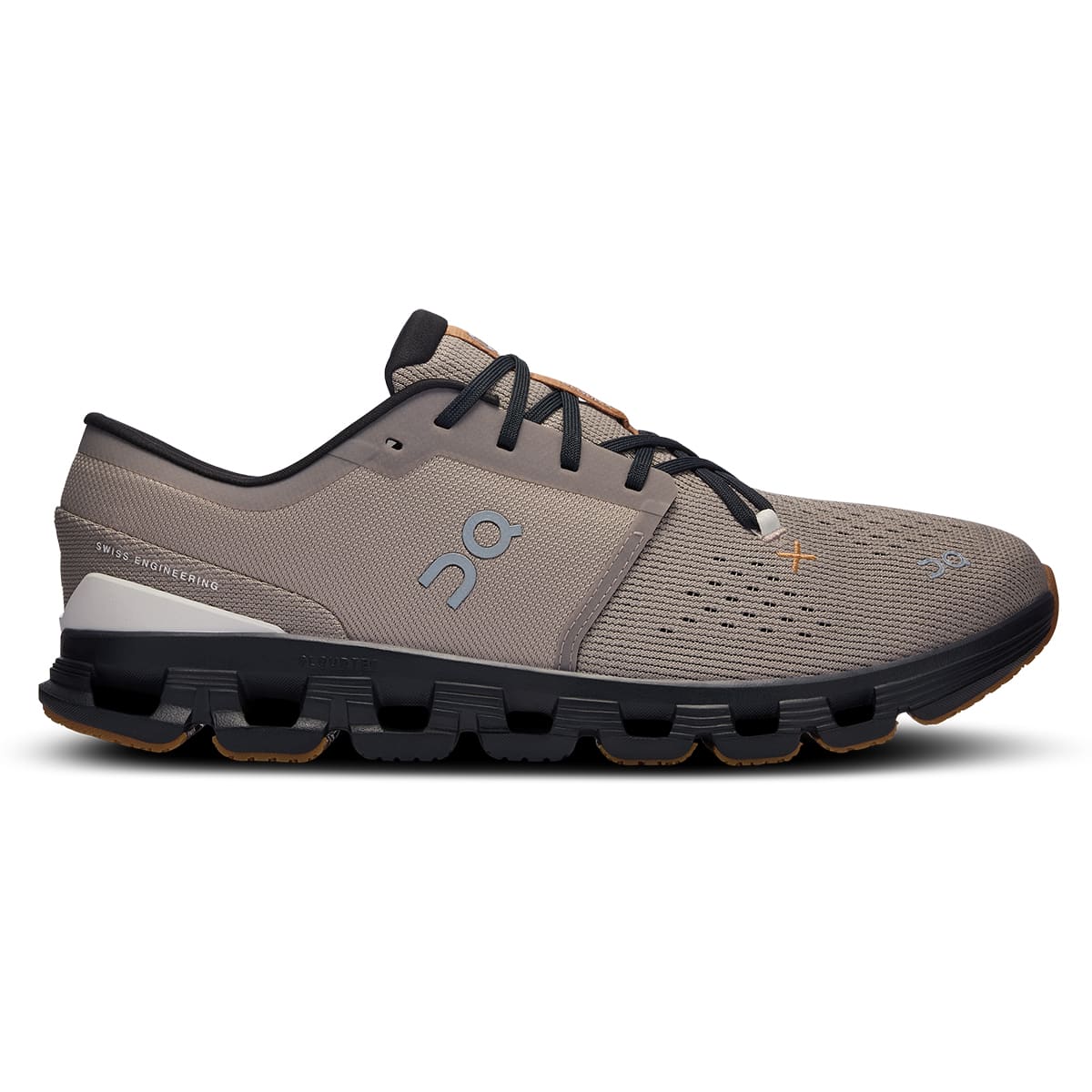 Right side view of the On Cloud X 4 Fog-Black men’s running shoe #color_fog-black