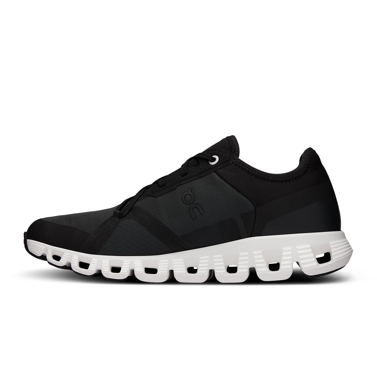 Left side view of the On Cloud X3 AD Black-White women’s running shoe 