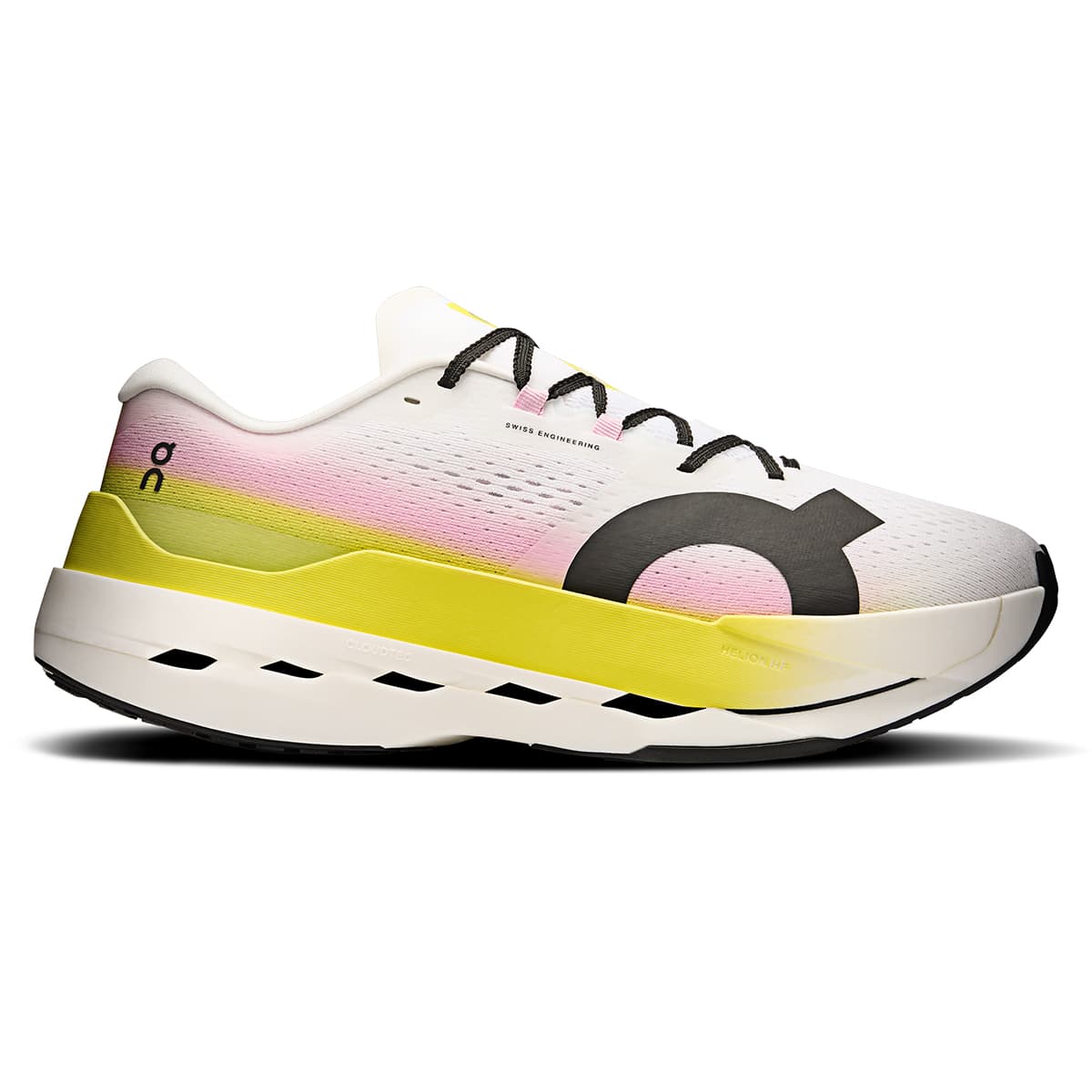 Right side view of the On Cloudboom Max Lime-Raspberry men’s running shoe #color_lime-raspberry