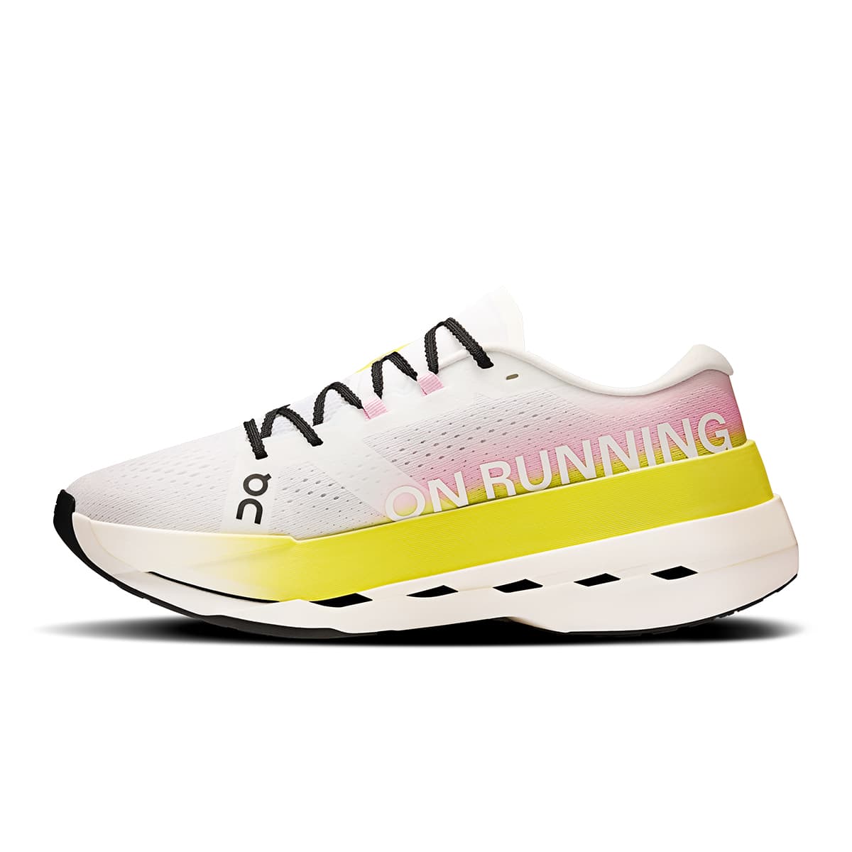 Left side view of the On Cloudboom Max Lime-Raspberry men’s running shoe #color_lime-raspberry