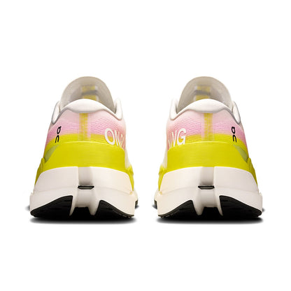 Back view of the On Cloudboom Max Lime-Raspberry men’s running shoe 