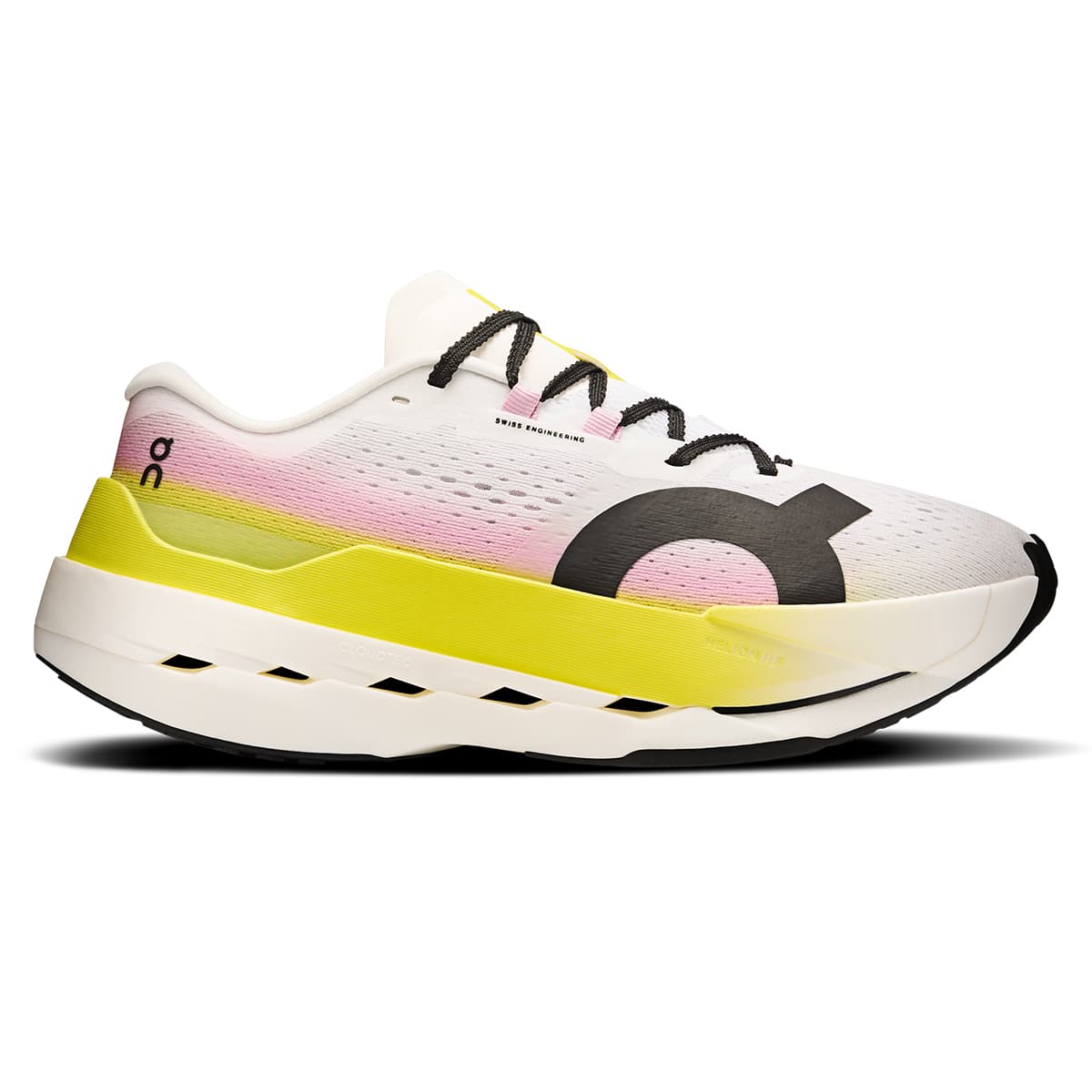 Right side view of the On Cloudboom Max Lime-Raspberry women’s running shoe #color_lime-raspberry