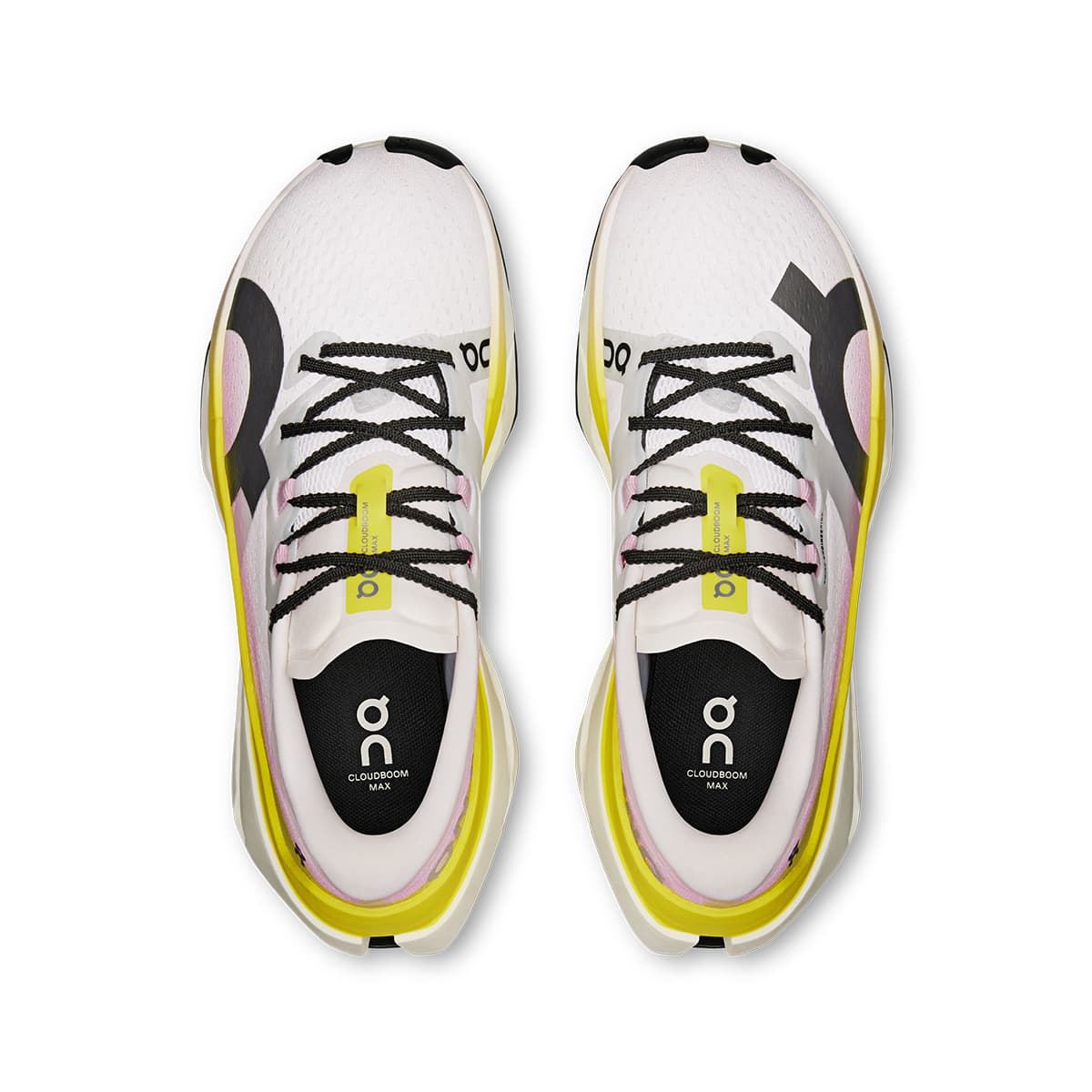 Top view of the On Cloudboom Max Lime-Raspberry women’s running shoes #color_lime-raspberry