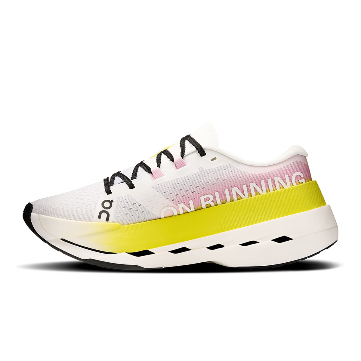 Left side view of the On Cloudboom Max Lime-Raspberry women’s running shoe #color_lime-raspberry